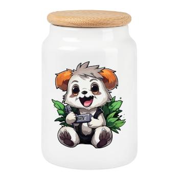 Panda Gamer with Controller - Cookie Jar with Wooden Lid - white - Front