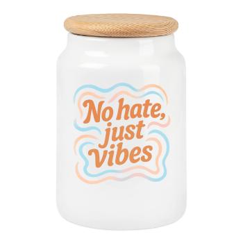 No Hate Just Vibes – Positive Vibes Statement - Cookie Jar with Wooden Lid - white - Front