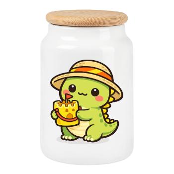 Kawaii Dino with Cake Hat - Cookie Jar with Wooden Lid - white - Front