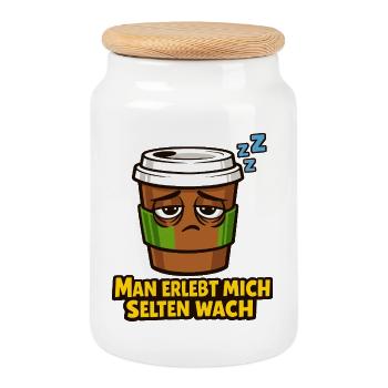 Schläfriger Kaffee Spruch - Keksdose mit Holzdeckel - Weiß - Vorne