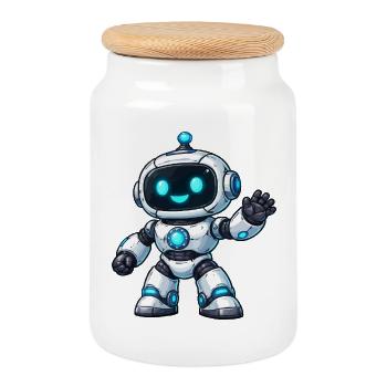 Kleiner Neonroboter Gruß - Keksdose mit Holzdeckel - Weiß - Vorne
