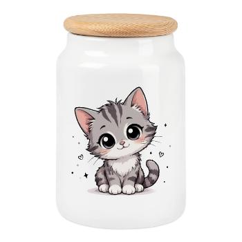 Cute Gray Kitten Cartoon - Cookie Jar with Wooden Lid - white - Front