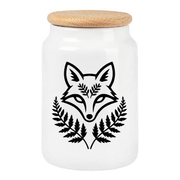Fox Head Fern Leaves Coat of Arms - Cookie Jar with Wooden Lid - white - Front