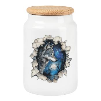 Loup avec des étoiles - Boîte à biscuits avec couvercle en bois - blanc - Devant