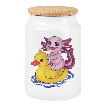 Mignon Axolotl avec un canard en caoutchouc drôle - Boîte à biscuits avec couvercle en bois - blanc - Devant