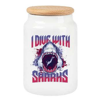 I Dive with Sharks - Hai Scuba Diver Taucher - Cookie Jar with Wooden Lid - white - Front