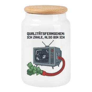 Rundfunkbeitrag Fernsehen Gebühren Satire - Keksdose mit Holzdeckel - Weiß - Vorne