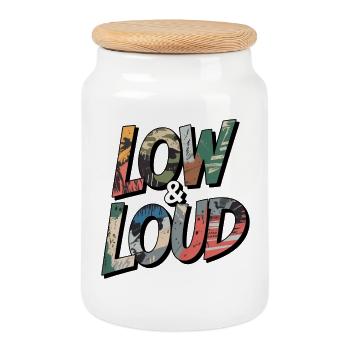 Tuning Spruch Low and Loud Camo Design - Keksdose mit Holzdeckel - Weiß - Vorne