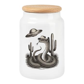 Western Alien UFO Cowboy Snake Desert Mystery - Cookie Jar with Wooden Lid - white - Front