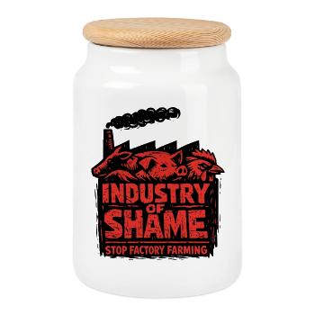 Industry of Shame – Stop Factory Farming - Cookie Jar with Wooden Lid - white - Front
