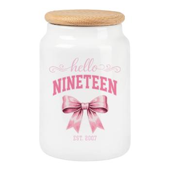 Hello Nineteen 19 Year Old Is 2007 Birthday Knot - Cookie Jar with Wooden Lid - white - Front