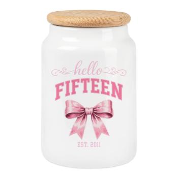 Hello Fifteen 15 Year Old Is 2011 Birthday Knot - Cookie Jar with Wooden Lid - white - Front