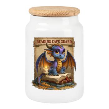 Reading Cave Guard Cute Fantasy Book Dragon - Cookie Jar with Wooden Lid - white - Front