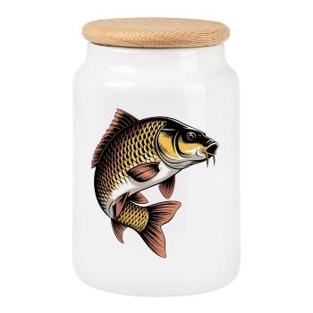 Jumping Carp - Cookie Jar with Wooden Lid - white - Front