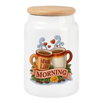 Mug Life Morning Coffee Cups Toast - Cookie Jar with Wooden Lid - white - Front