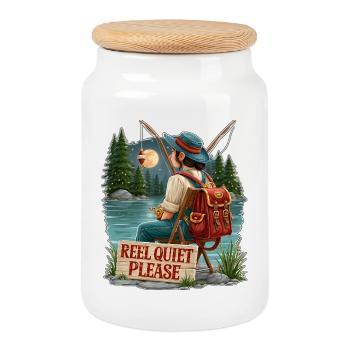 Reel Quiet Please Fishing Scene - Cookie Jar with Wooden Lid - white - Front