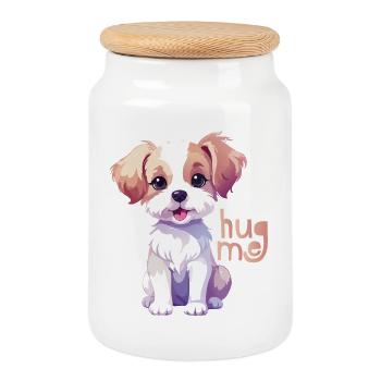 Cuddly Dog Puppy Hug Me - Cookie Jar with Wooden Lid - white - Front