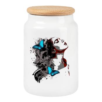Visage Floral et Papillons Bleus - Boîte à biscuits avec couvercle en bois - blanc - Devant