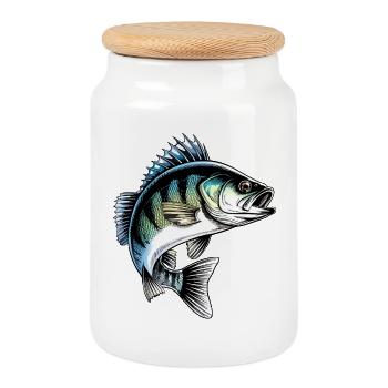 Illustration du poisson dynamique Jumping Perch - Boîte à biscuits avec couvercle en bois - blanc - Devant