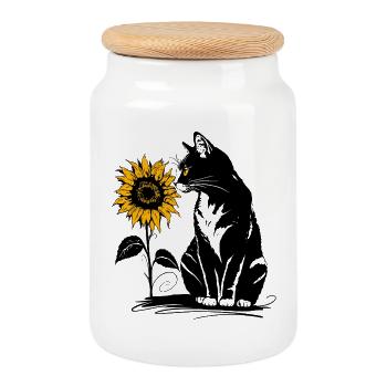 Chat avec tournesol – Motif d’animal mignon - Boîte à biscuits avec couvercle en bois - blanc - Devant