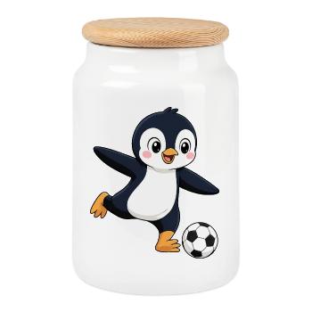 Cute Penguin Soccer Player Cartoon Goal Shot - Cookie Jar with Wooden Lid - white - Front
