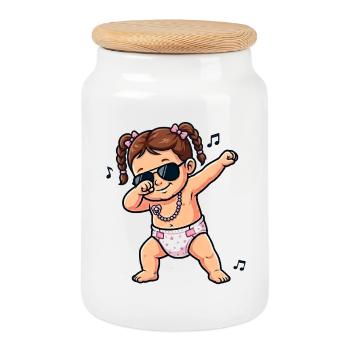 Cute babe – brunette girl - Cookie Jar with Wooden Lid - white - Front