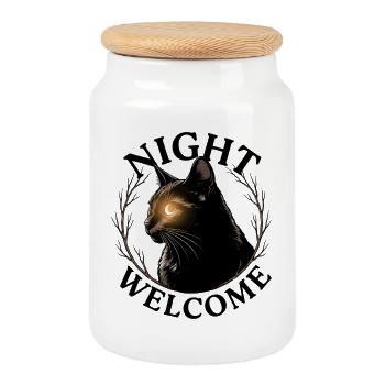 Katze Night Welcome Mystisch Nacht Feline Stub - Keksdose mit Holzdeckel - Weiß - Vorne