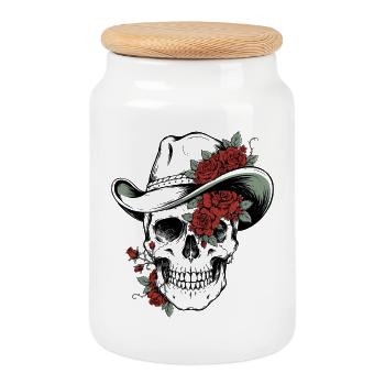 Skull Skull Cowboy Hat Roses Blossoms Western - Cookie Jar with Wooden Lid - white - Front