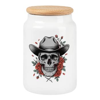 Cowboy Hat Skull Skull Roses Western - Cookie Jar with Wooden Lid - white - Front