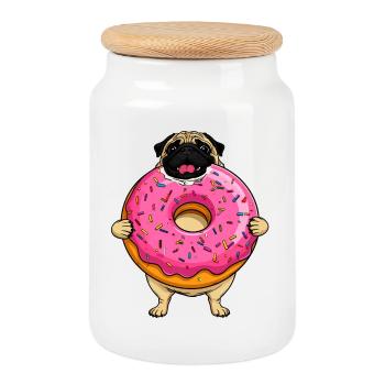 Donut Pug Dog au glaçage rose - Boîte à biscuits avec couvercle en bois - blanc - Devant