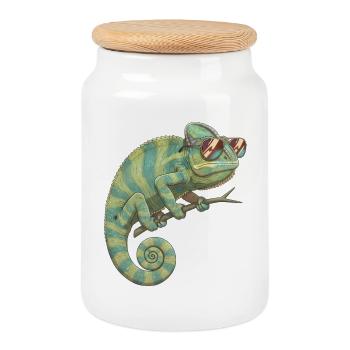 Caméléon avec des lunettes de soleil - Boîte à biscuits avec couvercle en bois - blanc - Devant