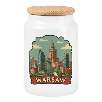 Warsaw Palace of Culture Retro Travel Sticker - Cookie Jar with Wooden Lid - white - Front