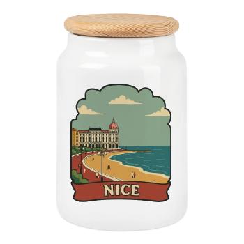 Badge rétro de voyage de la Côte d’Azur de Nice France - Boîte à biscuits avec couvercle en bois - blanc - Devant