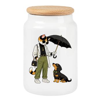 Streetwear style chat avec chien - Boîte à biscuits avec couvercle en bois - blanc - Devant