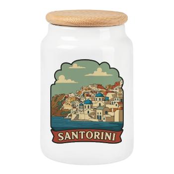 Insigne de voyage rétro du dôme bleu de Grèce de Santorin - Boîte à biscuits avec couvercle en bois - blanc - Devant