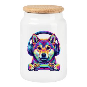 Casque Pop Art Shiba Inu Gamer pour chiens - Boîte à biscuits avec couvercle en bois - blanc - Devant