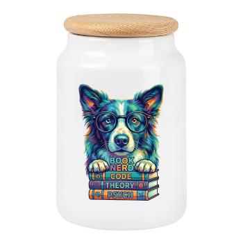 Pop Art Border Collie Nerd Dog - Books - Cookie Jar with Wooden Lid - white - Front
