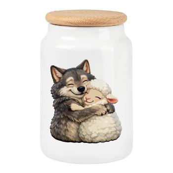 Knuffende Loup et Agneau - Boîte à biscuits avec couvercle en bois - blanc - Devant