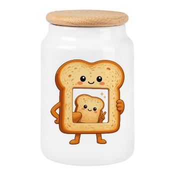 Kawaii Toast Duo Motif - Cookie Jar with Wooden Lid - white - Front