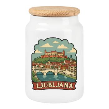 Ljubljana Slovenia Castle Vintage Travel Badge - Cookie Jar with Wooden Lid - white - Front