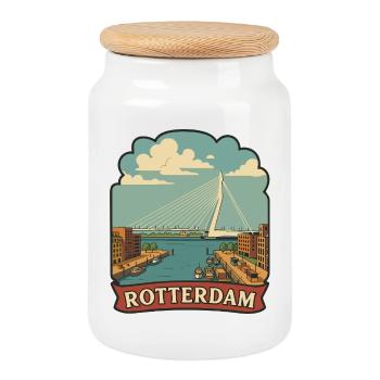 Autocollant de voyage rétro Erasmus Bridge de Rotterdam - Boîte à biscuits avec couvercle en bois - blanc - Devant