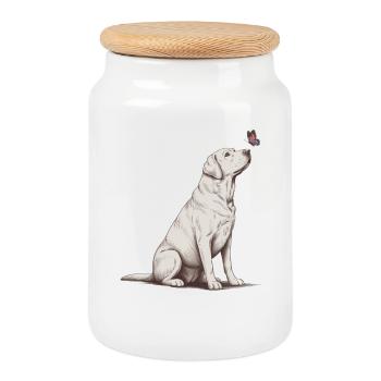 Labrador Retriever with Butterfly Sketch - Cookie Jar with Wooden Lid - white - Front