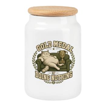 Gold Medal in Doing Nothing Cat - Cookie Jar with Wooden Lid - white - Front