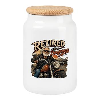 Ruhestand – Gefährlich Motorradfahrer - Cookie Jar with Wooden Lid - white - Front