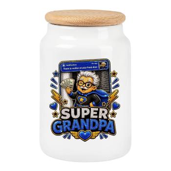Super Grandpa Money On Frontdoor - Superhero Grandpa - Cookie Jar with Wooden Lid - white - Front
