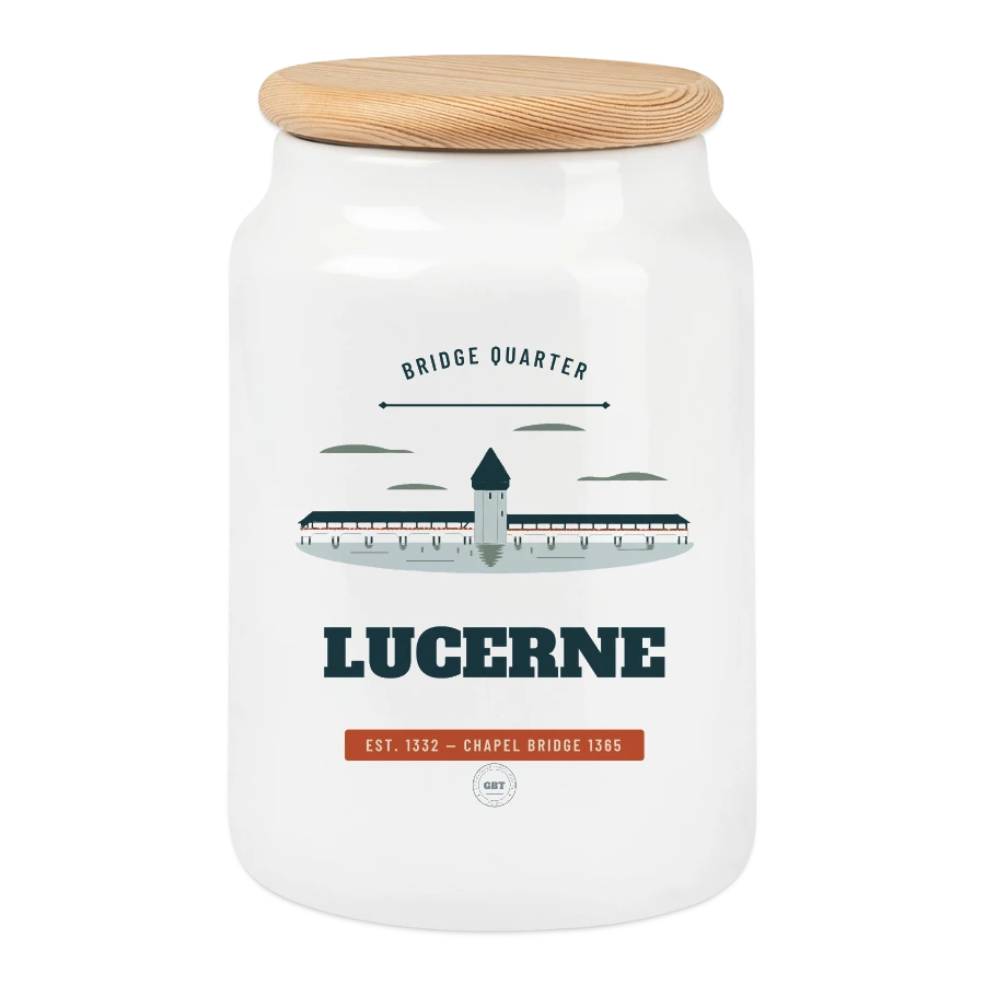 Lucerne badge on a cookie jar with wooden lid, white