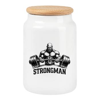 Strongman Weight Lifting Logo Drawing - Cookie Jar with Wooden Lid - white - Front