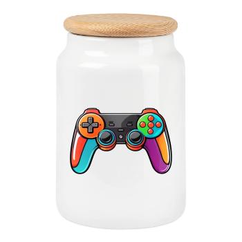 Gamepad Controller Colors Colorful - Cookie Jar with Wooden Lid - white - Front