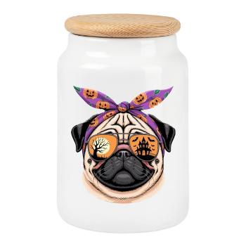 Pug Halloween Sunglass Bandana - Cookie Jar with Wooden Lid - white - Front