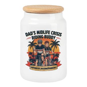 Father's bike buddy - dad and daughter on the bike - Cookie Jar with Wooden Lid - white - Front